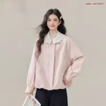 花柄レース襟のピンクジャケット【春用・女性・ゆったりフィット】