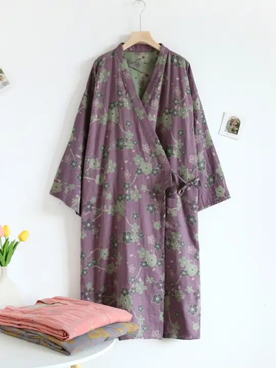綿製の薄手ガーゼ睡袍【レトロな刺繍・和風デザイン・ルームウェア】