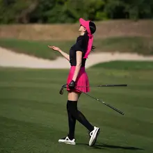 SWAN LOVE GOLF 春夏用 ゴルフウェア レディース ジップアップ ショートスリーブTシャツ【クールブラック・ハイウエスト・フィット＆フレアスカート】（セットアップ対応）