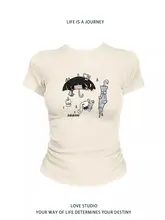 カートゥーンデザイン 半袖Tシャツ【レディース・フィット感あり・ウエスト絞り】