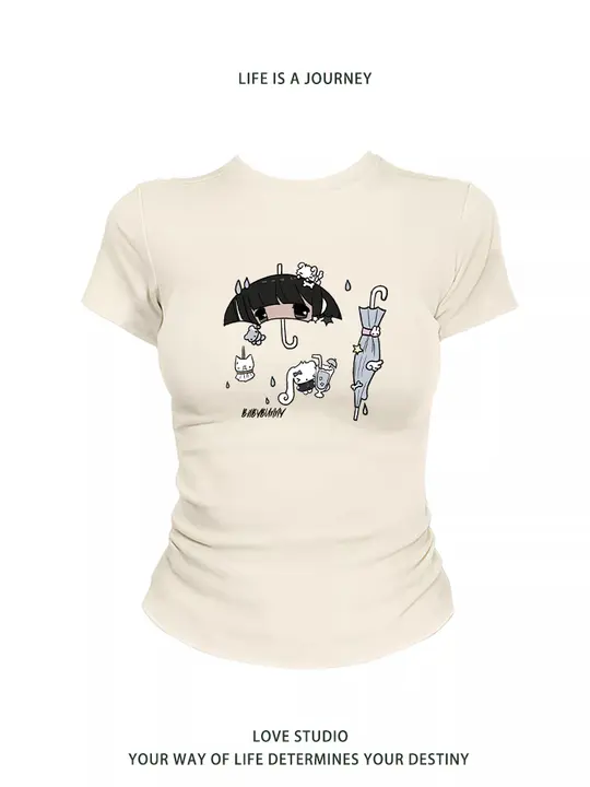 カートゥーンデザイン 半袖Tシャツ【レディース・フィット感あり・ウエスト絞り】