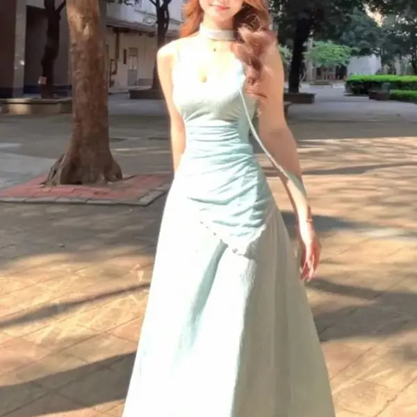 ミントグリーンのキャミソールドレス【ウエストシェイプ・レース・Aライン・リゾートスタイル】