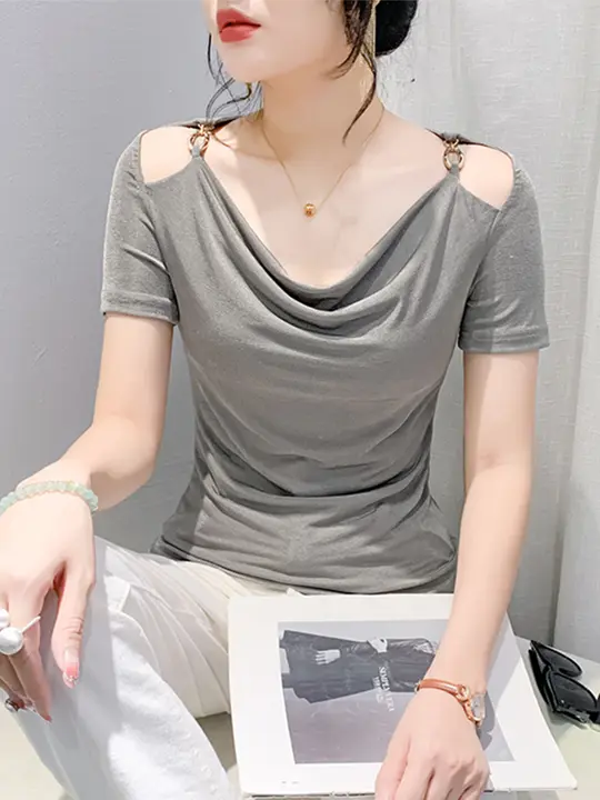 デザインの揺れ袖Tシャツ【女性用・ショートスリーブ・セクシー・肩出し】