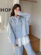 ブルーのレース風トップスとワイドパンツの上下セット【カジュアル・秋向け・リラクシング】（セットアップ対応）