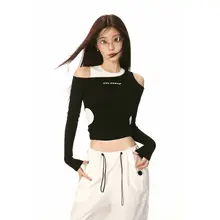 トップス レディース アメリカン風 アシンメトリー ワンショルダー 長袖 フェイクレイヤード タイト クロップド 春 秋「SHIYIYUE」