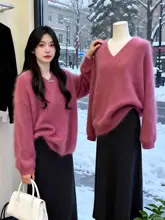 極上の柔らかさのVネック長袖ニットトップス【春用・ルーズフィット・大きいサイズ】（セットアップ対応）