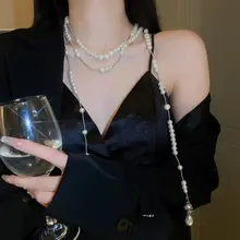 水滴パール layeredフリンジネックレス【フランス風・ヴィンテージスタイル・個性的】