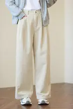 高ウエストのゆったりしたコットンコーデュロイのカキ色ストレートワイドパンツ【女性用・米白色・カジュアル】（セットアップ対応）