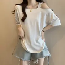 韓国風 不規則デザインのオフショルダー半袖Tシャツ【夏用・大きいサイズ・ゆったりシルエット】（セットアップ対応）