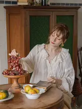 春の花柄フリルVネックブラウス【レトロスタイル・グリーン】