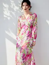 午後のひとときを楽しむシルクピンクプリントワンピース【長袖・桑の実シルク・中長丈】