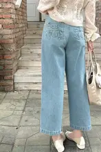 リボン付きのレトロウォッシュハイウエストストレートデニムパンツ【ワイドレッグ】