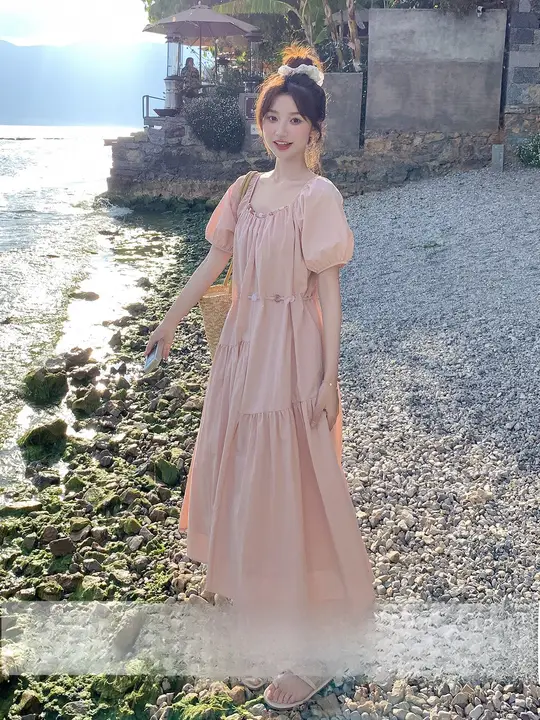 粉色の甘美なパフスリーブワンピース【フレンチスタイル・優しい雰囲気・ロング丈】（セットアップ対応）