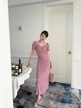 フランス風ストライプデザインのパフスリーブワンピース【レトロ・ウエストシェイプ・Aライン】