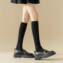 レディース 秋冬用 綿製 ハイソックス【黒・膝上丈・細見えデザイン】