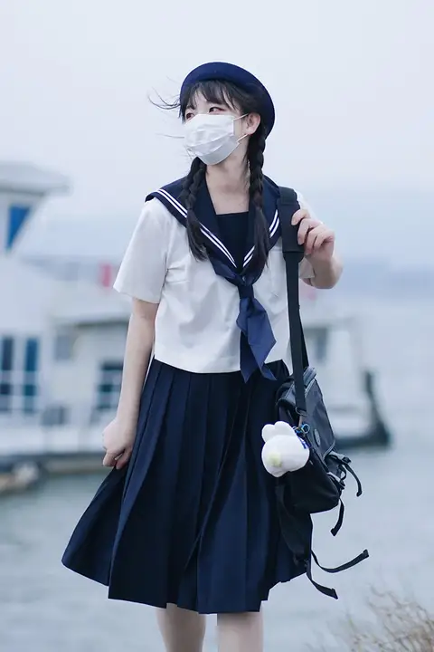セーラー服 レディース 半袖 紺色 白二本襟 胸当て付き 定番 セットアップ