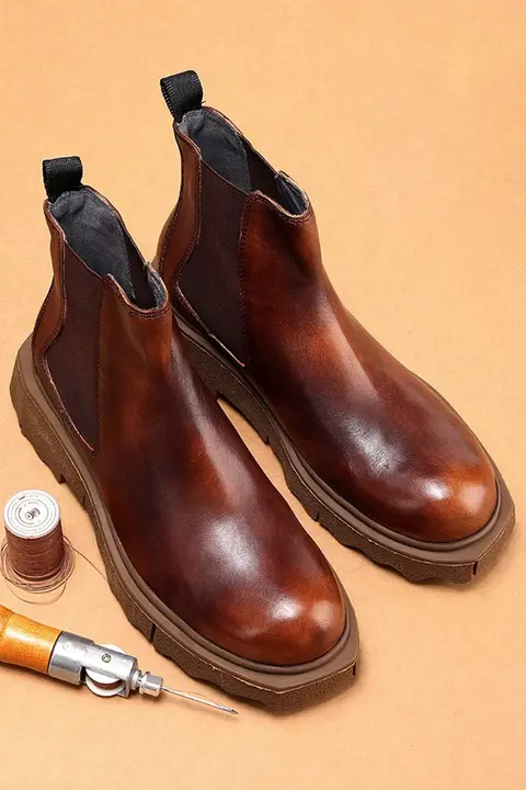 本革製 チェルシーブーツ【レトロ イギリス風・厚底・ブラウン・メンズ】