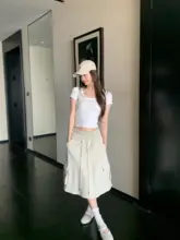 トレンド感あるウエストゴムのストレートスカート【中長丈・ドローストリング・女性用】（セットアップ対応）