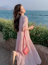 爽やかな感！ピンクのロングドレス【夏用・独特なデザイン・リゾートスタイル】