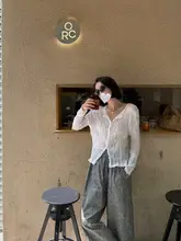 高弾力の透け感ある長袖カーディガン【ストライプ模様・シンプルデザイン・ダブルボタン】