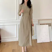 春の気品を演出！長袖のテーラードワンピース【無地・カシュクール・膝下丈・ウエストリボン】