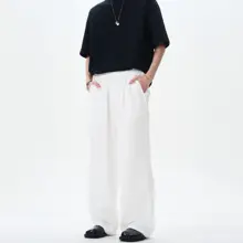 春夏用 メンズ ルーズフィット 白色スラックス【プリーツデザイン・ストレートレッグ】