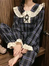 shinely レトロチェック柄 ドルマンスリーブ レース付き パジャマセット【女性用・秋冬・可愛い】