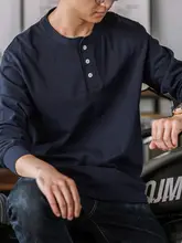 インディゴ 美式レトロ コットンヘンリーネック長袖Tシャツ【メンズ・春用】