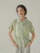 LLANO シェル刺繍透かし編み短袖ニットシャツ【冰絲・通気性・スタイル・夏用】