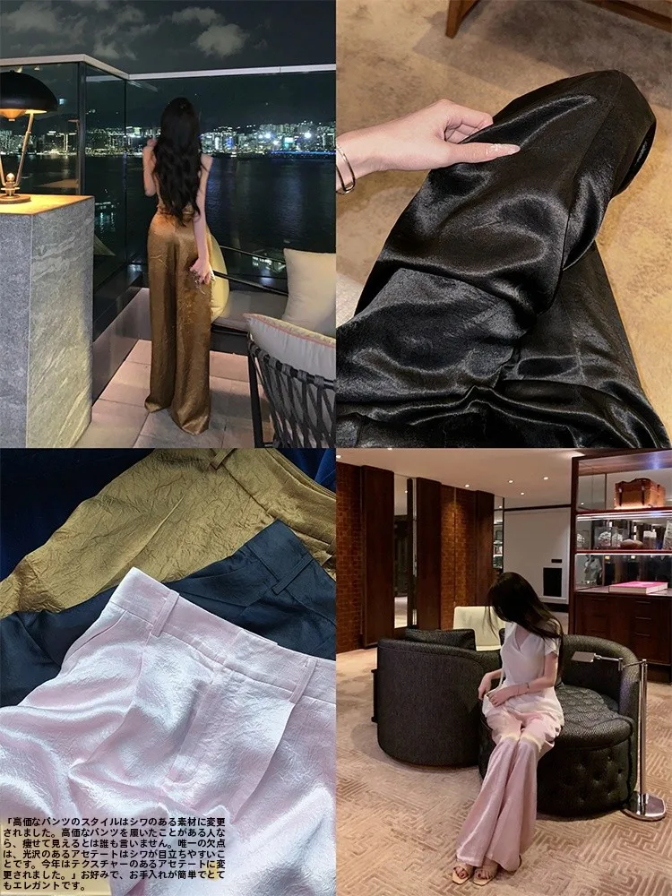 感のあるストレートパンツ：醋酸素材で通勤風に最適な長めの直筒スタイル