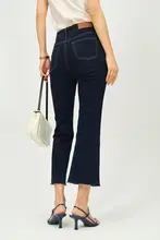 高弾性ヴィンテージハイウエストスキニーフレアデニムパンツ【破れ加工・八分丈】