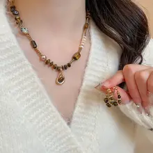 不鏡鋼製 タイガーアイビーズネックレス＆ピアス【レトロデザイン・高級感】（セットアップ対応）
