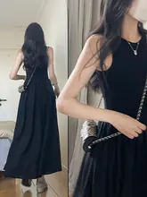 エレガントなブラックのノースリーブドレス【フレンチスタイル・シンプルデザイン・長め丈】