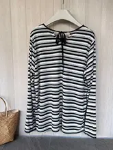 レースリボンストライプ長袖Tシャツ【ゆったりしたデザイン・カジュアル・春用】