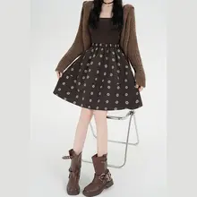 カフェカラーの花刺繍ウールスカート【冬用・ハイウエスト・Aライン】