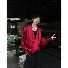 レッド深Vネック長袖シャツ【ユニークデザイン・スタイル】