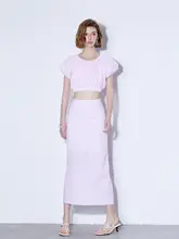 パフスリーブのショートトップスとスカートのセットアップ【ピンク・チェック柄・ノー打孔】（セットアップ対応）