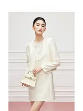 真丝小香风スカートと外套のコーディネート【白色・軽やかで上品・シルクとウール】（セットアップ対応）