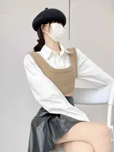 レディース 短丈ストライプニットシャツ＆重ね着ベストセット