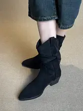 レトロデザインの尖ったつま先のショートブーツ【折り畳みスタイル・粗いヒール・女性用・秋冬用】