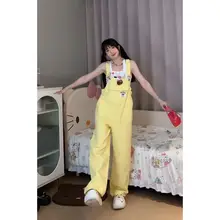 夏用デニムサロペットパンツ【淡いイエロー・ストレートワイド・女性用・可愛いデザイン】（セットアップ対応）
