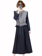 魅力的なチェック柄のニットプルオーバーとスカート【ウエストリボン付き・秋用・カジュアルスタイル】（セットアップ対応）
