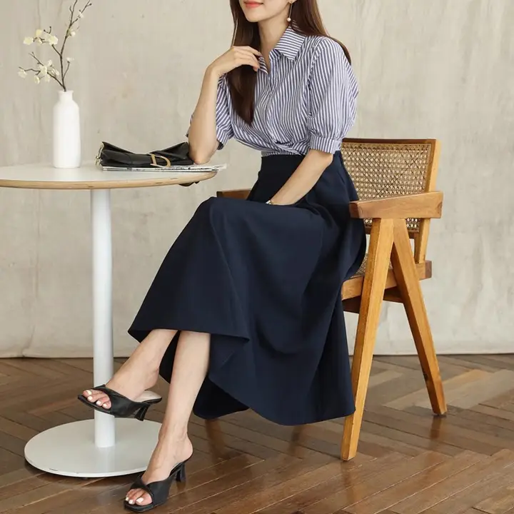 夏用 ハイウエスト Aラインスカート【通勤向け・中長丈・大揺れデザイン】