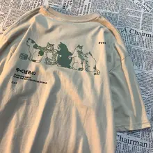 アメリカンレトロデザインのキャットプリント半袖Tシャツ【ユニセックス・ゆったりフィット】