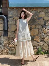 リゾートスタイルのレース付き二重連衣裙【女性用・夏用・Aライン・軽やかで可愛い】（セットアップ対応）