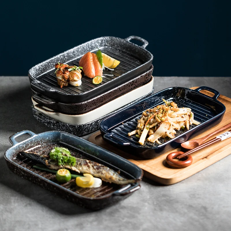 陶器製大型ダブルハンドオーブン皿：ステーキや西洋料理に最適な11インチ長方形焼け皿