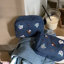 可愛い刺繍入り猫デザインの化粧ポーチ【リップやコスメ収納用・持ち運び便利】