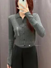 ポロ襟リブ編みニットカーディガン【長袖・無地・女性用】