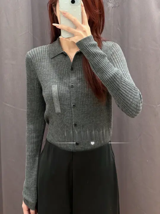 ポロ襟リブ編みニットカーディガン【長袖・無地・女性用】