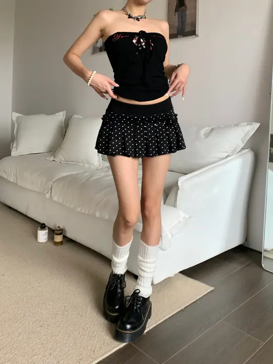 韓国風ドット柄ハイウエストAラインプリーツスカート【防透けデザイン・女性用】